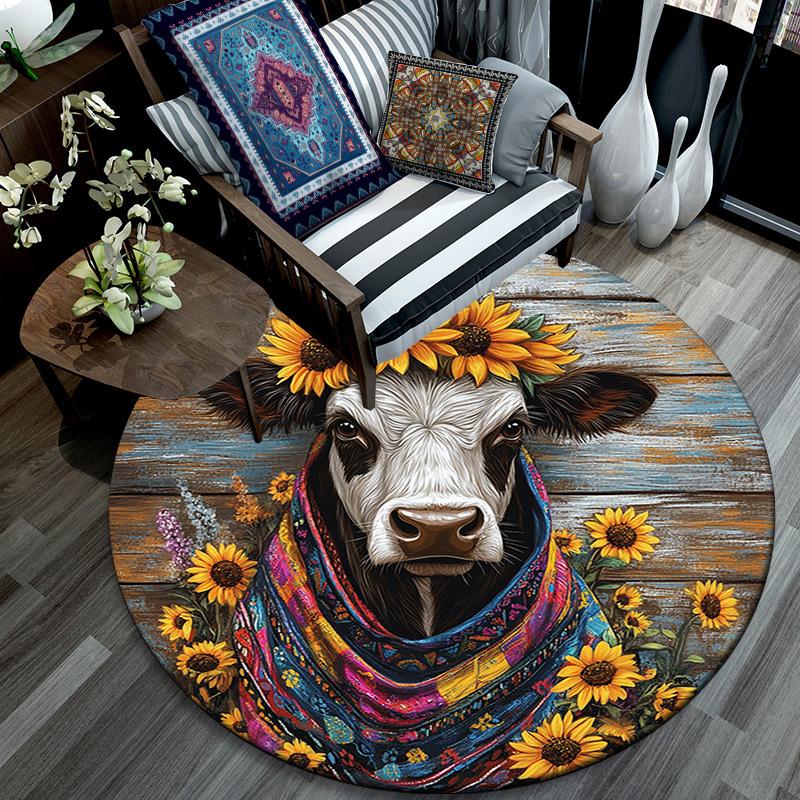 Cow with Sunflower Round Area Rug,Carpet Rug for Living Room Bedroom Sofa Playroom Decor,Non-slip Floor Mat