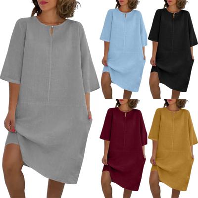 Women's New Summer Seven-point Sleeve Cotton And Linen Small V-neck Patchwork Vintage Solid Color Dress