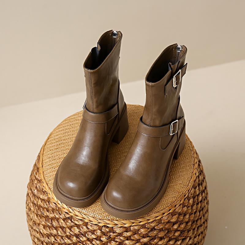 Fashion All Leather 7Cm Thick Heel Short Boots for Women's Shoes Autumn/winter New Double Buckle Decoration Breathable Slim Botas Mujer