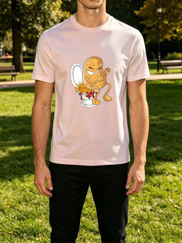 Funny Potato Pooping Fries Toilet Cartoon Front Graphic Print Unisexs Crew Neck Short Sleeve Tee Casual Daily Soft Basic Wear Top