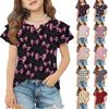 Mädchen V-Ausschnitt Kurzarm T-Shirt Lässige Bluse mit Rüschenärmeln und Schleifenmuster Leichtes Sommeroberteil für Kinder