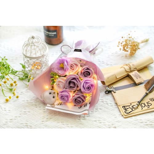 Soap Flower Bouquet with LED Light, Featuring Artificial Roses and a Cute Bear. Perfect for Birthdays, Mother's Day, Father's Day, Respect for the Age