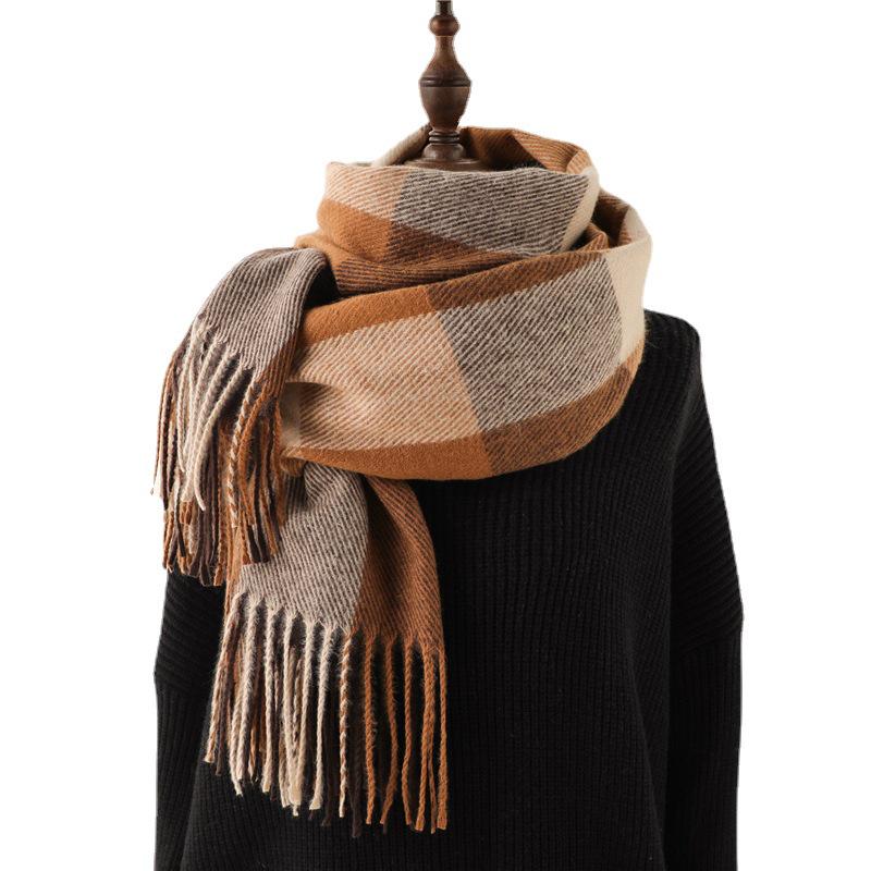 Unisex Korean Plaid Thick Winter Scarf with Tassels - Imitation Cashmere Shawl