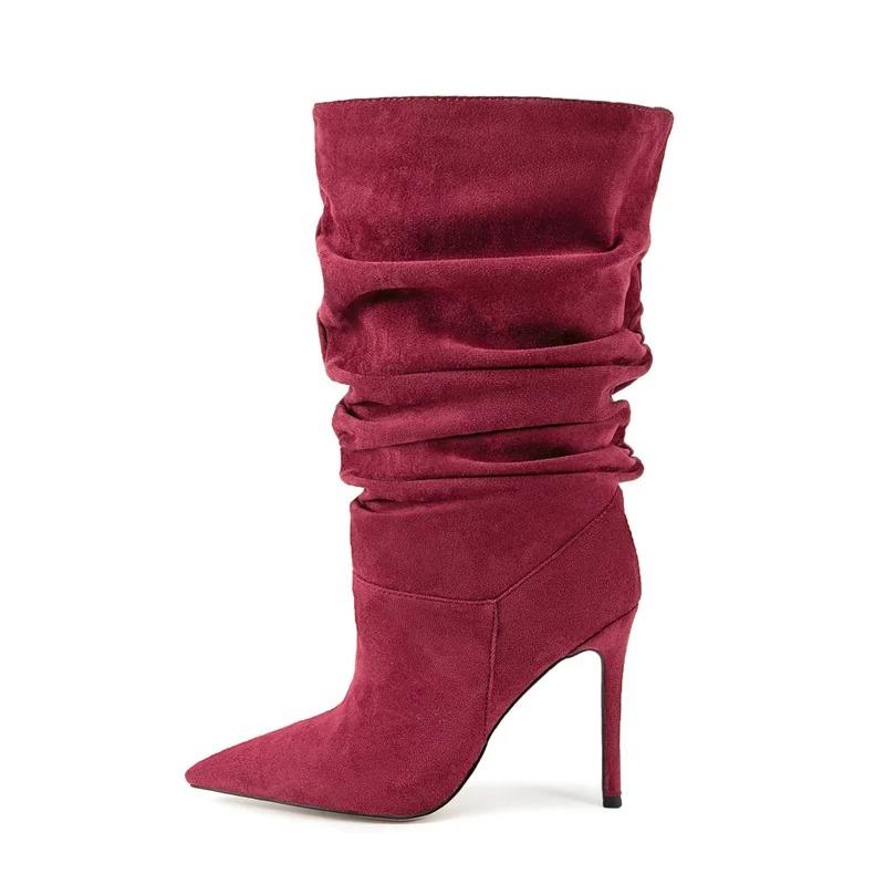 Soleist Stivali Alti da Donna con Tacco a Spillo Pieghettati Punta Affusolata 35-47 Scarpe Taglie Grandi Stivali da Donna di Media Lunghezza Autunno e Inverno