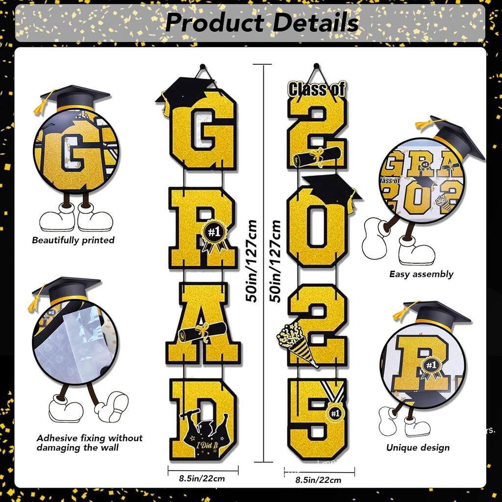 Graduation Door Banners for Front Door, Gold and Black 2025 Congratulations Congrats Door Sign for Grad Party Decoration, Porch Sign for School Yard
