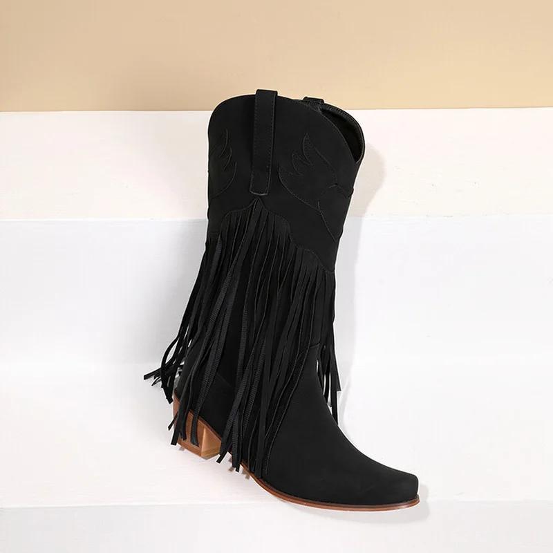 Large Size 45 Women Retro Ethnic Western Cowboy Boots Block Medium Heels Tassel Fringe Kneehigh Boots Lady Winter Shoes