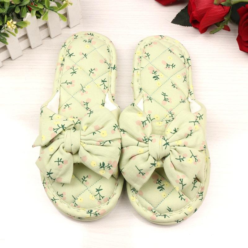 Broken flower bow women's rubber bottom three-layer thickened fabric slippers indoor wooden floor open slippers