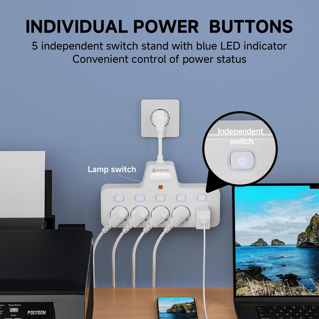 European standard multi socket lighting power socket, made of PC fire-resistant and flame-retardant material, equipped with small night lights