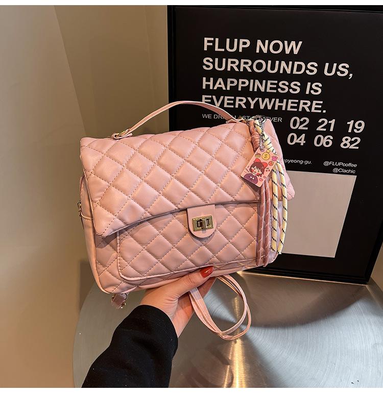 Spring new soft surface casual large capacity classic fashion solid color rhombus embroidery thread tote women's bag