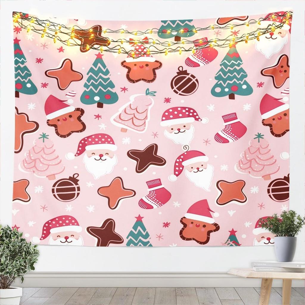 Cartoon Santa Claus Tapestry Christmas Tree and Snowflake Wall Art Holiday Gift Wall Hanging Blanket for Living Room BedroomPink
