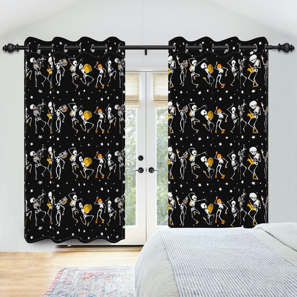 2pcs/set Skeleton Skull Black Window Curtain Horror Halloween Haunted House Home Bedroom Decor Blackout Polyester Fabric Curtain