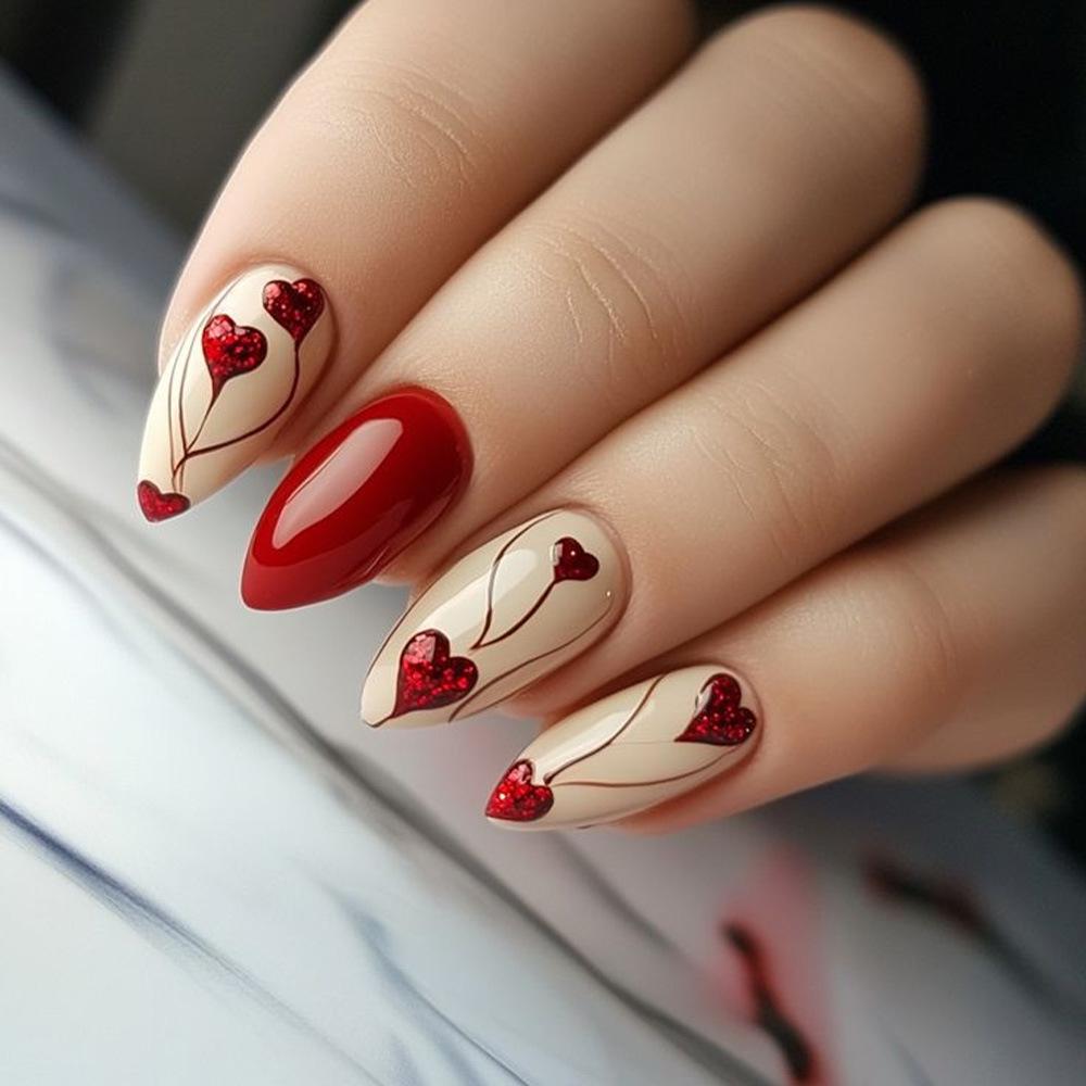 Valentine s Day Almond Shape Red Glitter Heart Detachable Wearable Nails