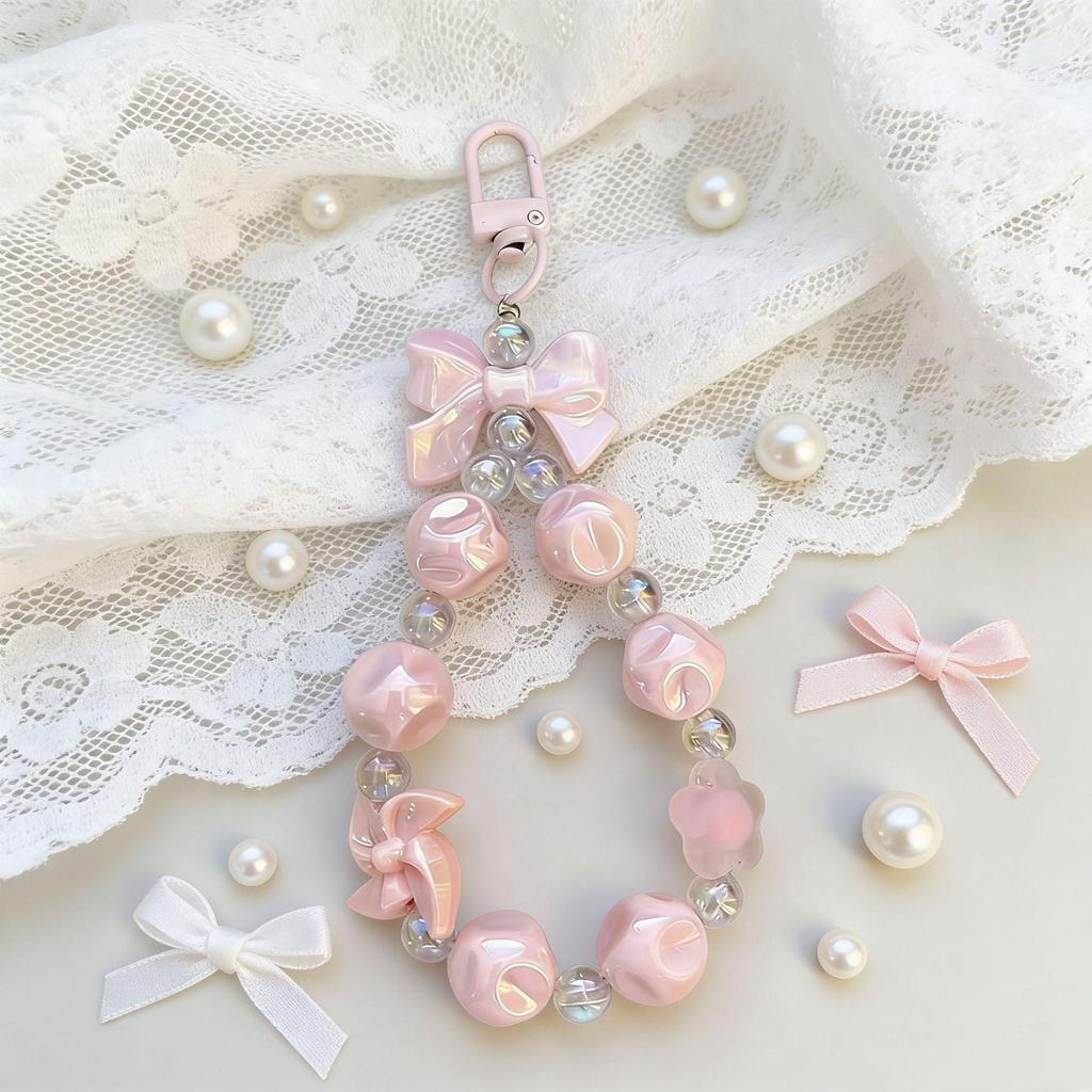 Dopamin Girly Blume Schleife Perlen Handykette & Lippenstift Halter Schlüsselanhänger