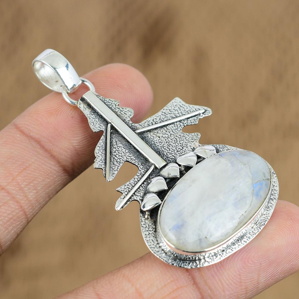 Pendentif Pierre Gemme Pierre de Lune Arc-en-Ciel Naturelle Argent Sterling 925 Bijou Indien