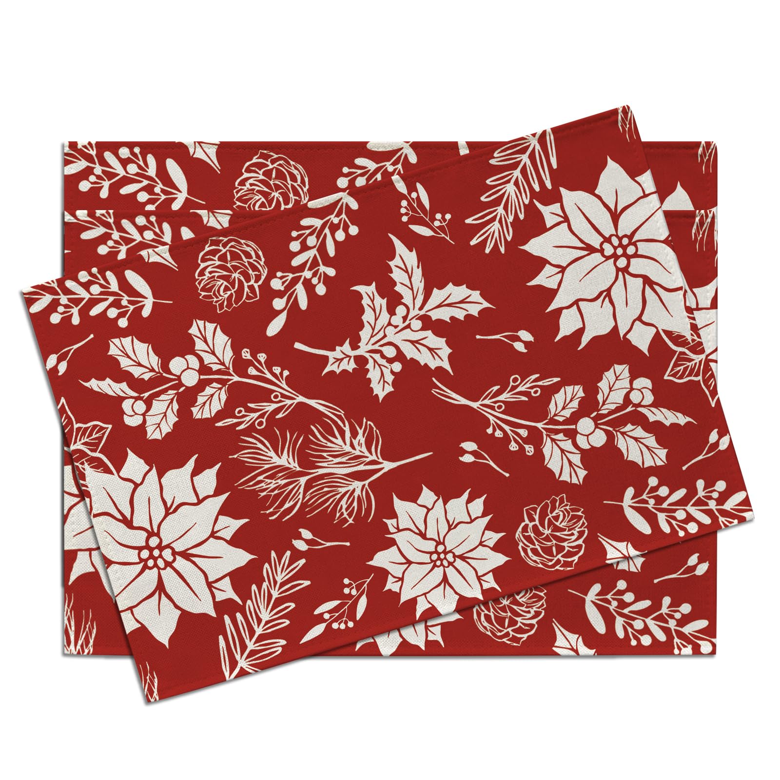 

Red Christmas Poinsettia Placemats Set of 4, Xmas Holly Berries Leaves Botanical Dining Place Mats Table Decor 4Pcs-12 X18