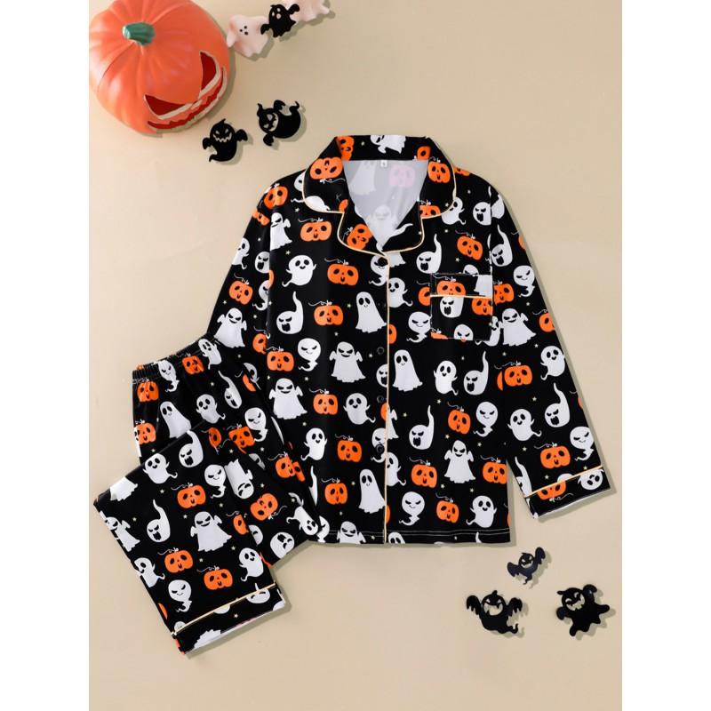 Womens Long Sleeve Pajama Set With Lapel Collar Cartoon Print Loose Fit Winter Home Wear
