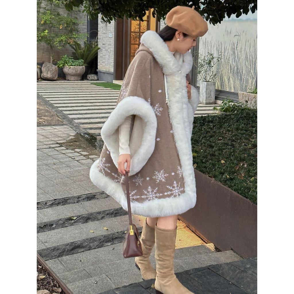 811 #Zimowy Płatek Śniegu Aksamitna Pogrubiona Peleryna z Kapturem i Dużym Futrzanym Kołnierzem, Damska Wiatroodporna Ciepła Peleryna Zapinana na Guzik