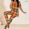Women Plus Size Orange Plaid Printed Two Piece Set Round Neck Short Sleeve Side Split Top Fitted Long Pants