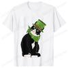 St Patricks Day Print Tshirt Unisex Summer Short Sleeve Tshirts Cut Black Cat with Leprechaun Hat Funny Irish Fashion Tee Tops