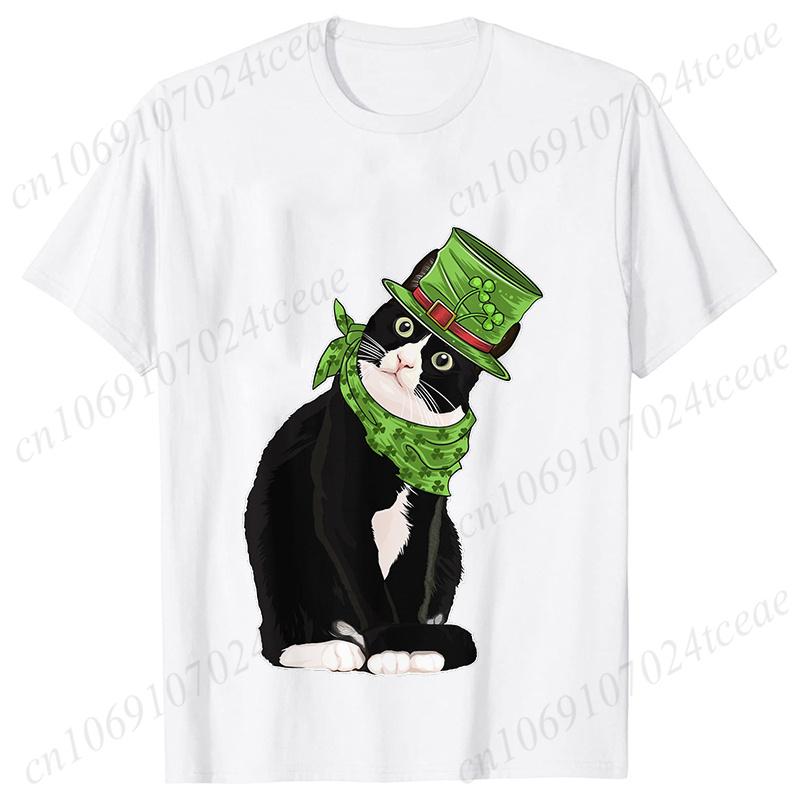 St Patricks Day Print Tshirt Unisex Summer Short Sleeve Tshirts Cut Black Cat with Leprechaun Hat Funny Irish Fashion Tee Tops