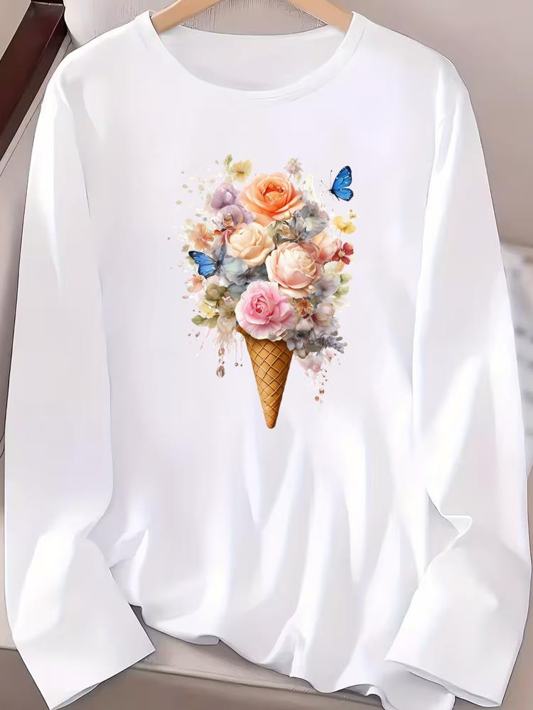 (Asian Size) Fashion Print T Shirt Autumn Winter Spring Casual Tee Leopard Love Trend Women Clothing Top O-neck Graphic Long Sleeve T-shirts