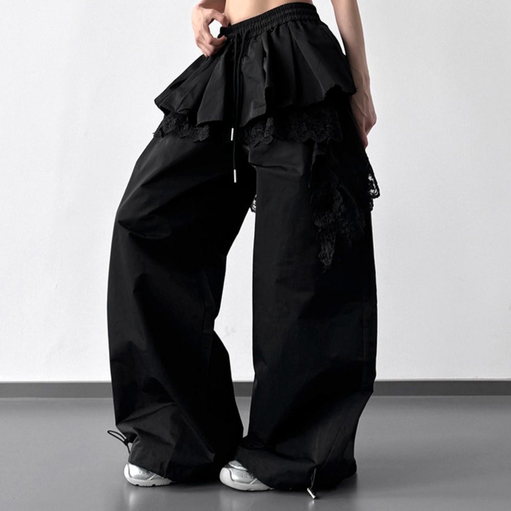 Baggy Lace Tiered Skirt Pants High Waist Wide Leg Trousers Sweet Lace Patchwork Pants Girls