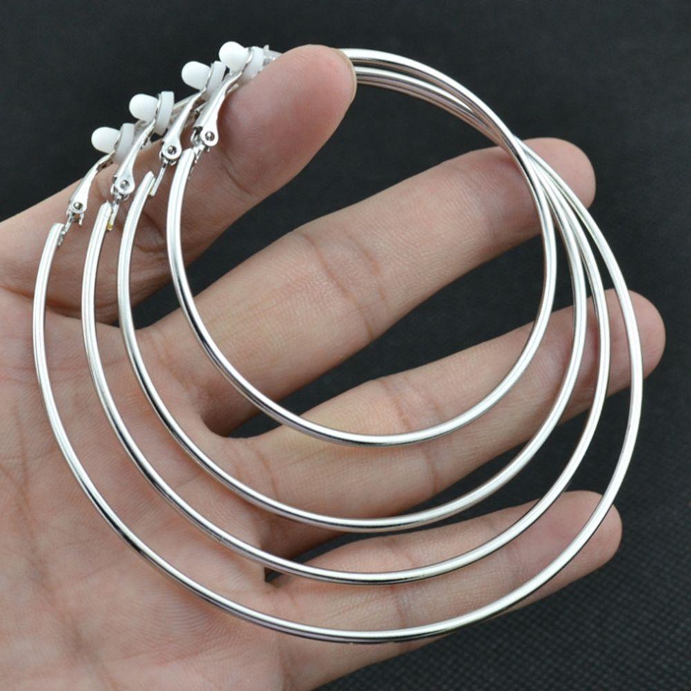 Female Girl Women Fashion Gold Silver Black Big Circle Earrings Hoops Without Piercing Clip On Ear