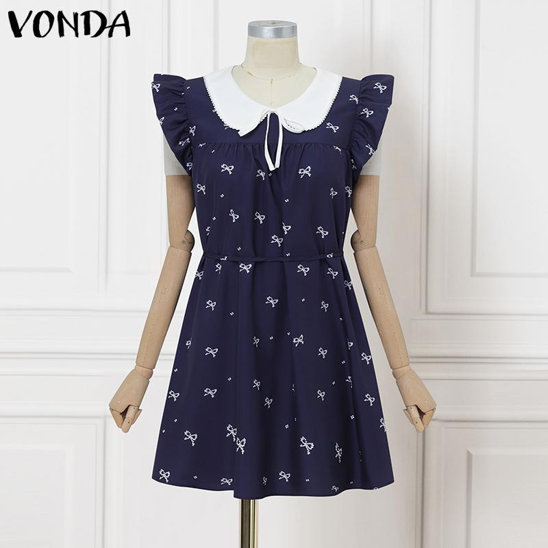 

VONDA Женское летнее платье мини с кукольным воротником без рукавов с принтом, повседневное плиссированное темно-синий