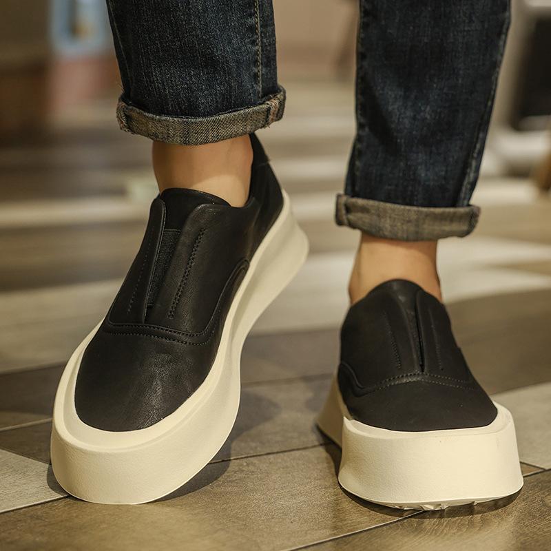 Autumn new leather surface one-pedal lazy shoes casual versatile round head thick sole heightening cold sticky men's board shoes men's shoes