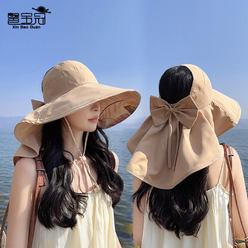 8548 Summer Sunscreen Visor Big Brim Shawl Bucket Hat Fashion Bow Empty Top Ponytail Hat Women