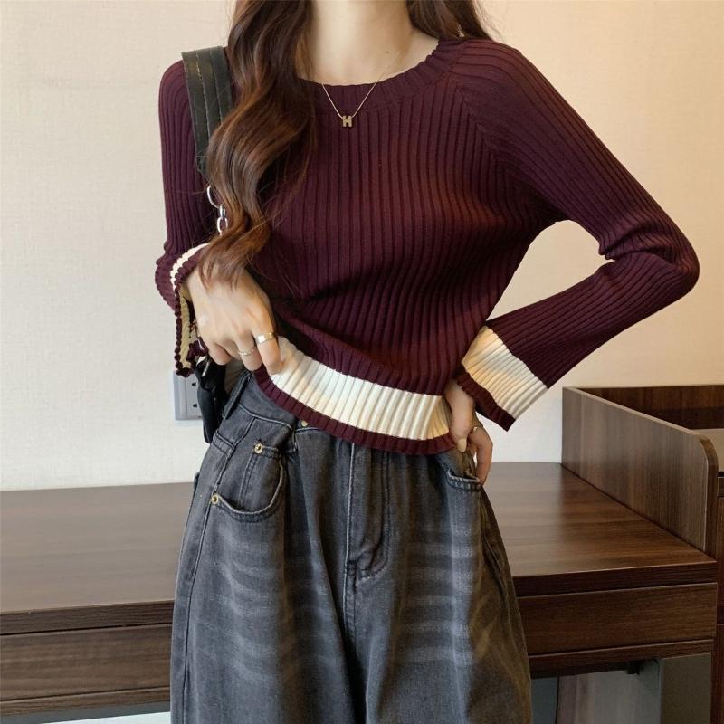 Short Knitted Base Layer Shirt for Women, New Design Sense for Autumn and Winter, Long-sleeved T-shirt, Short Top for Petite People