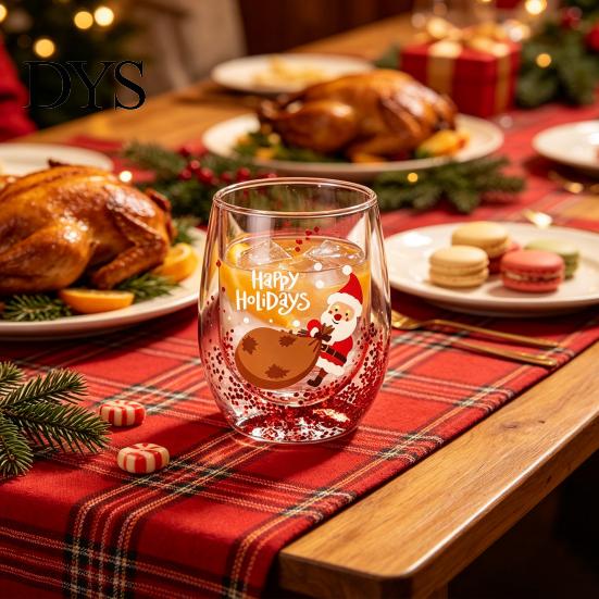 Klarer Borosilikatglasbehälter Doppelwandiger Glasbecher, mit Dekorationen im Stil von Weihnachtsmann/kleinem Baum/Stapel/Tasche, Geschirr für Familientreffen Treibsand