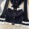 Sexy Slash Neck Elegant Striped Basics Long Sleeve Chic Button Slim Knit Dress Women Korean Fashion High Street Evening Clothing