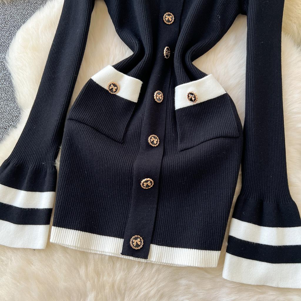 Sexy Slash Neck Elegant Striped Basics Long Sleeve Chic Button Slim Knit Dress Women Korean Fashion High Street Evening Clothing