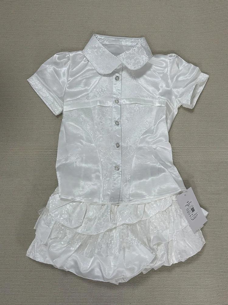 VAYLA Y2k Vintage Satin Lace Slim 2 Piece Set Women Chic Short Sleeve Shirt + Puffy Low Rise Bud Culottes Aesthetic Grunge Sexy Outfit