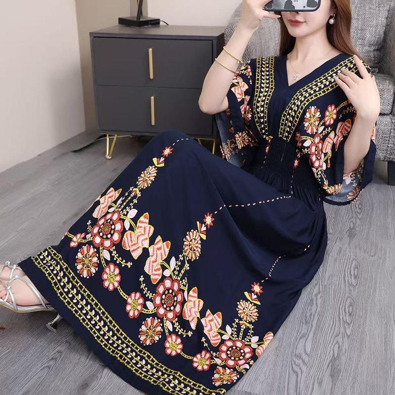 Summer Elegant Boho Women V-Neck Slim Elastic Waist A-Line Dress Batswing Short Sleeve Casual Holiday Office Lady's Vintage Dress