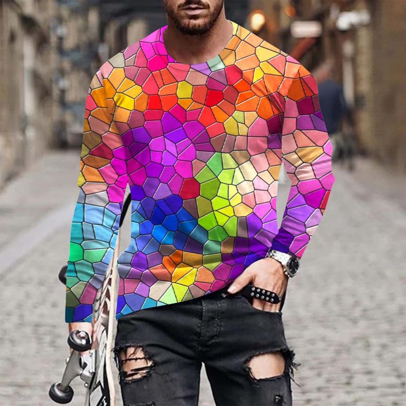 Spring Autumn New 3D Digital Print Sport Round Neck Tops T Shirt Men Long Sleeve Slim Fit Running Fitness T Shirt