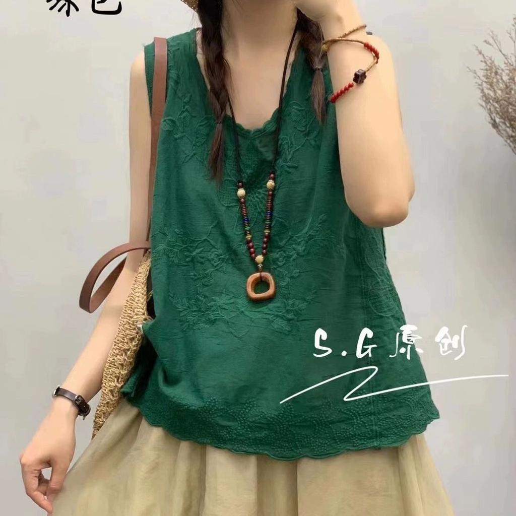 Spring and summer new pure cotton heavy industry embroidery embroidery pullover vest women's loose and thin literary suspender top