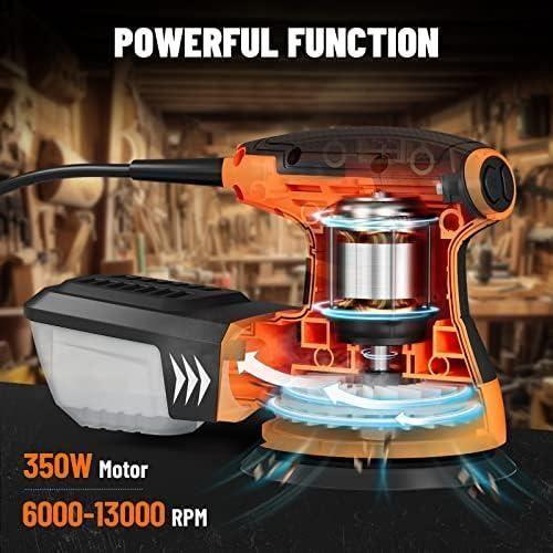DOVAMAN ROS01A Ponceuse Orbitale, 350W Ponceuse Excentrique, 6 Vitesses, 13000 tr-min, Papier Abrasif 12 Pièces, Patin de Ponçage 12