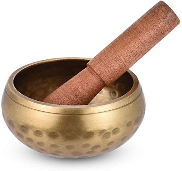 

Латунная медитационная поющая чаша с деревянным традиционным кованым непальским буддийским молитвенным медным молотком, Стиль, Отделка, Чаша, золотой