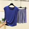 Ladies' Casual And Comfortable Round Neck Solid Color Top With Checkered Printed Shorts Plus Size Set