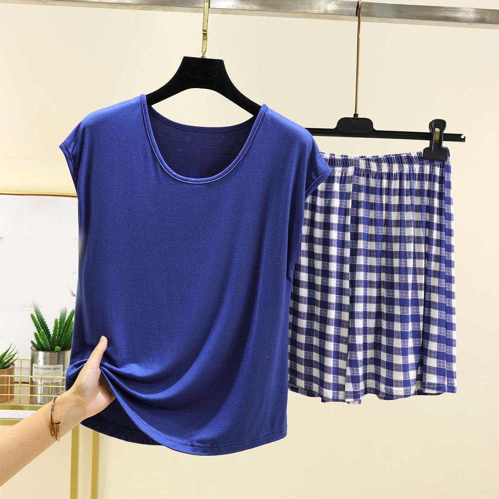 Ladies' Casual And Comfortable Round Neck Solid Color Top With Checkered Printed Shorts Plus Size Set