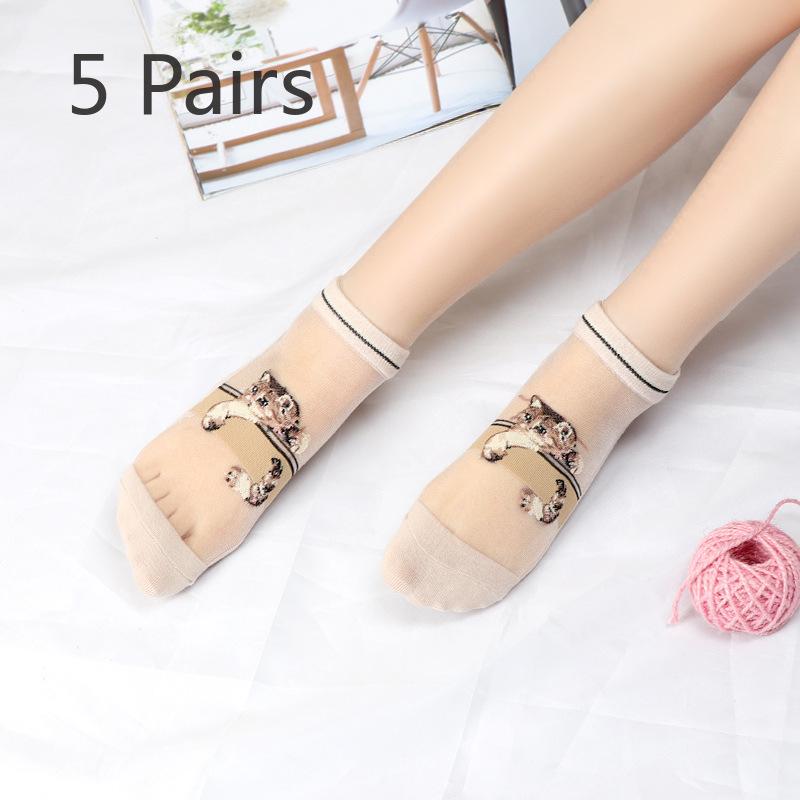 5 Pairs of Ladies Spring and Summer Thin Lovely Crystal Silk Transparent Socks