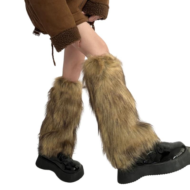 Women Harajuku Fuzzy Plush Leg Warmers Japanese JK Winter Warm Thickened Furry Boots Cover Vintage Leg Sleeve Long Socks