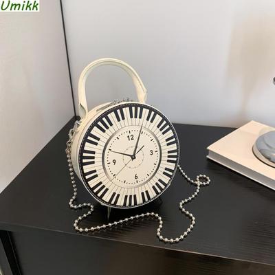 Women PU Creative Round Clock Bag Chain Strap Black White Piano Clock Shoulder Purse Clock Shape Crossbody Bag Chic Hobo Bag