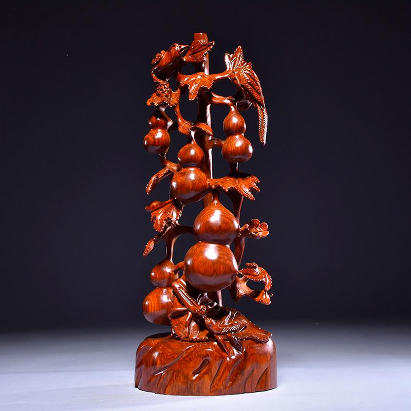 Karin Wood Carved "Five Blessings" Gourd Ornament - Chinese Root Carving Decoration, Ideal for Opening Ceremonies or Housewarming Gifts