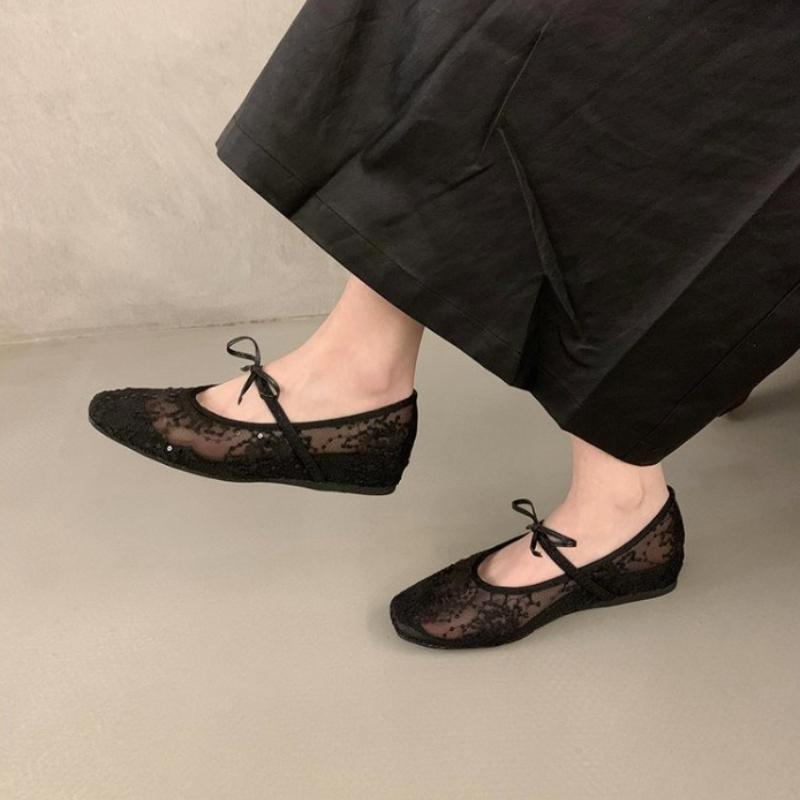 Mesh-Spitze Innenhöhe Damenschuhe Sommer neu sexy eckige Zehen flache atmungsaktive Ballerinas Schleife flache Schuhe