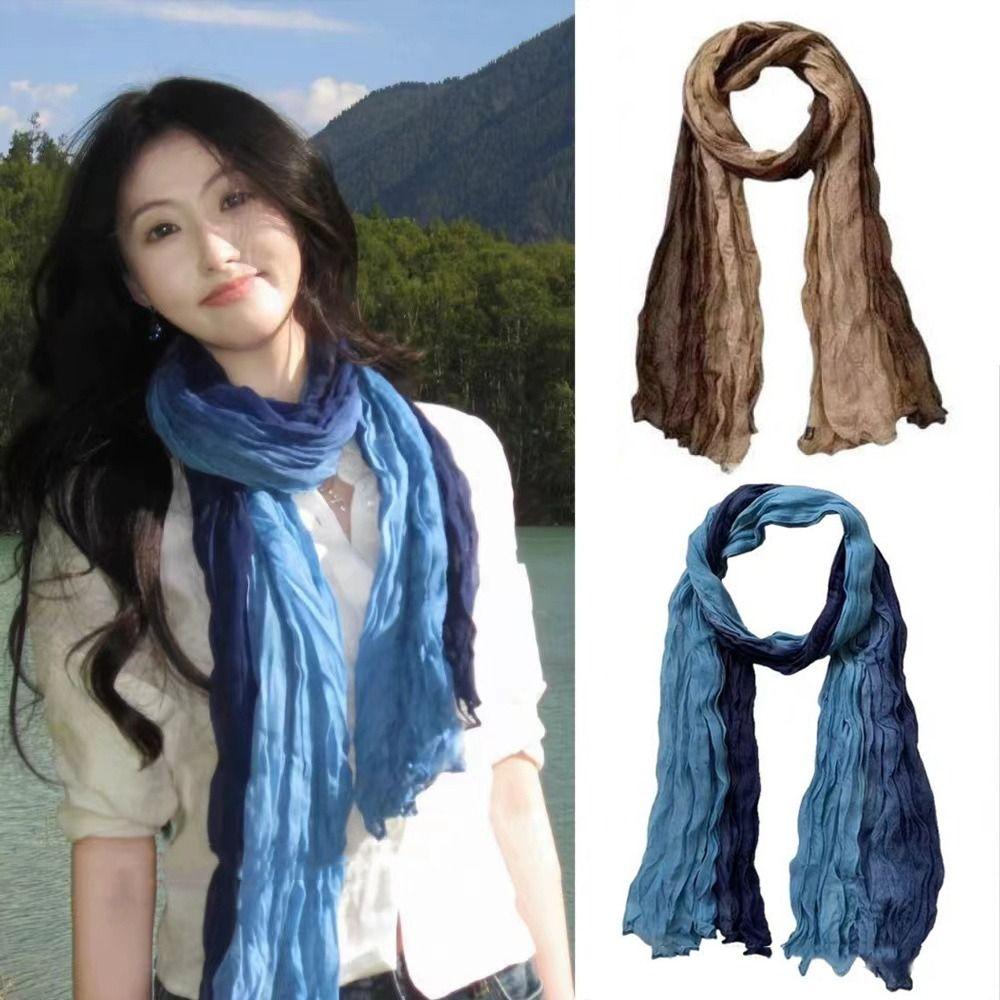 Bohemian Women's Long Pleated Shawl Warm Bandana Shawl Wraps Gradient Texture Scarf Autumn Winter