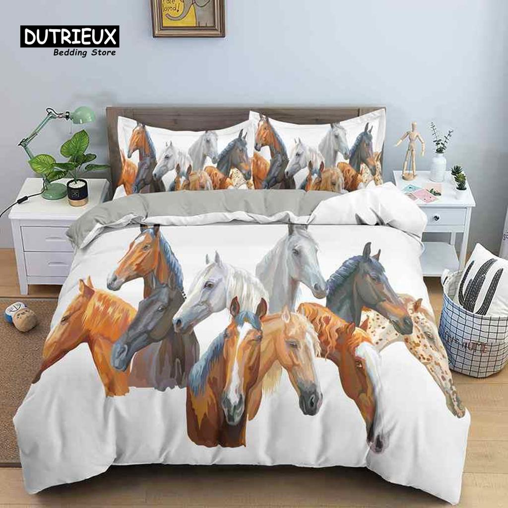Horse Duvet Cover 3D Steed Farm Animal Comforter Cover Polyester Exotic Style Western Cowboys Bedding Set Twin For Kids Boy Teen