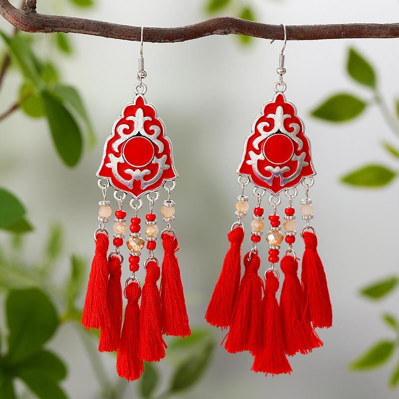 Ethnic Bohemian Tassel Earrings For Women Geometric Enamel Crystal Beads Handmade Long Vintage Female Drop Dangle Earrings Gift